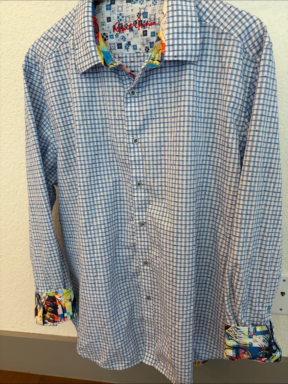 Robert Graham Blue/White Checked Button-Down Shirt with Colorful Trim, Mens 3XL